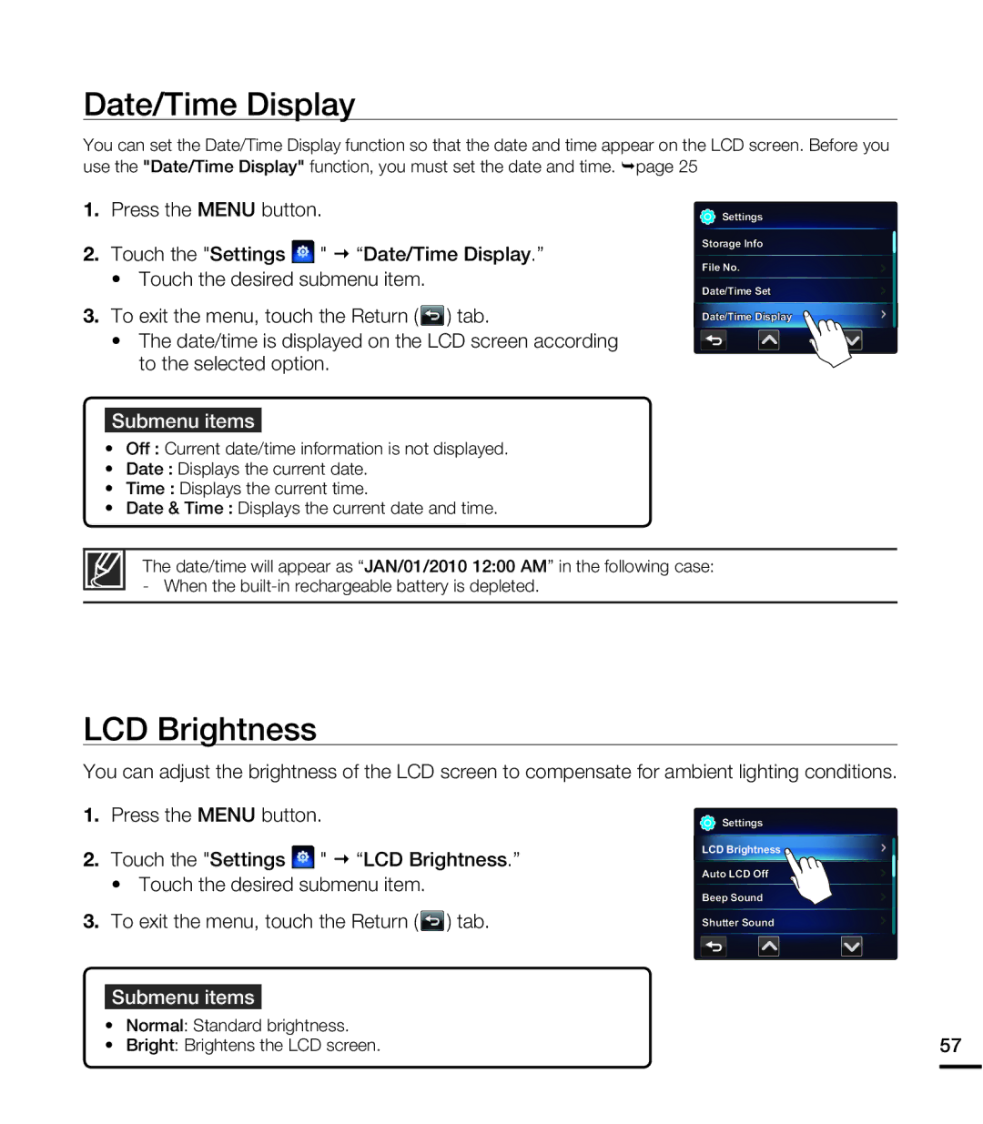 Samsung HMX-E10WN, HMX-E10BN, HMX-E10ON user manual Date/Time Display, LCD Brightness 