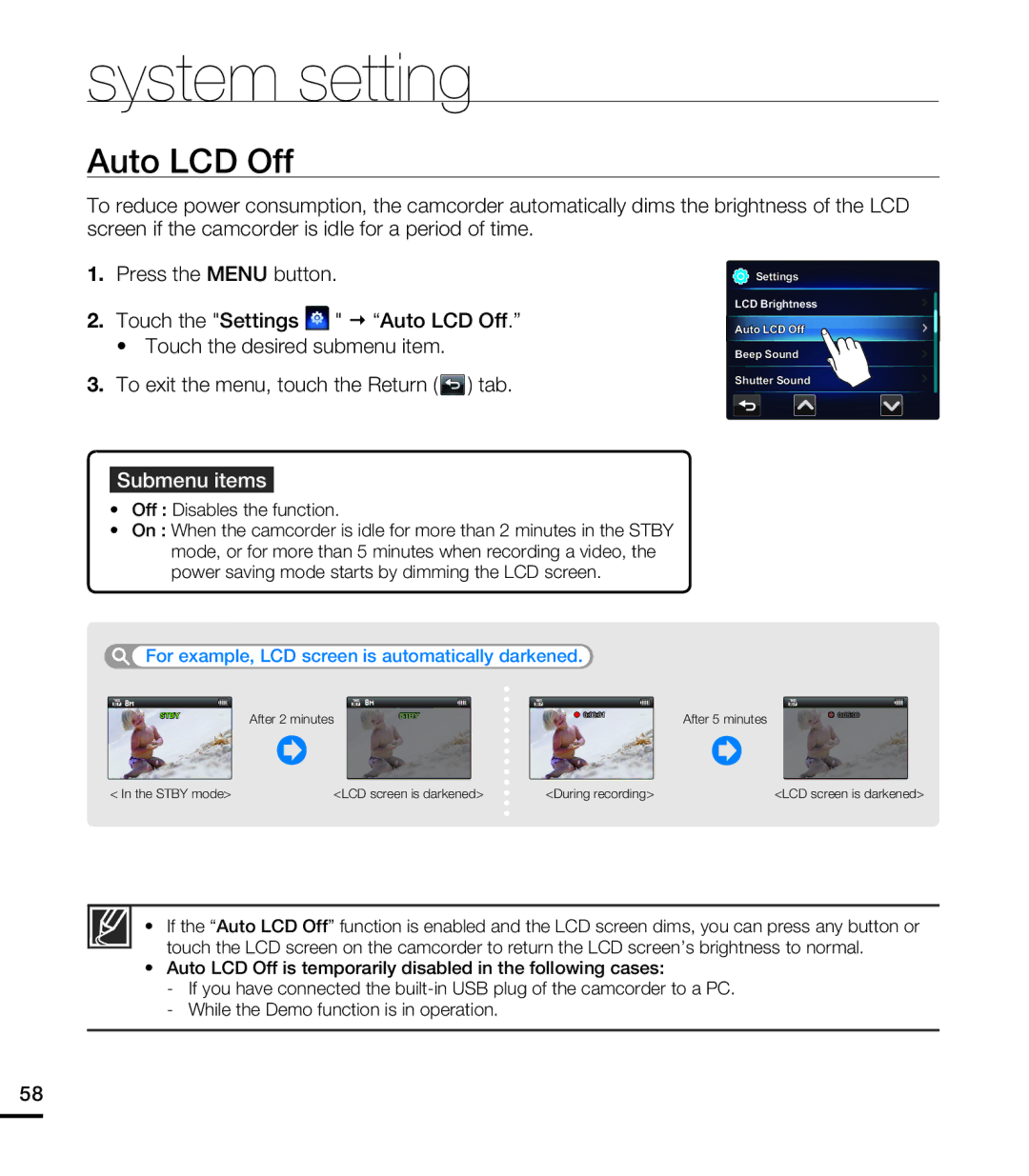 Samsung HMX-E10ON, HMX-E10BN, HMX-E10WN user manual Auto LCD Off, Off Disables the function 