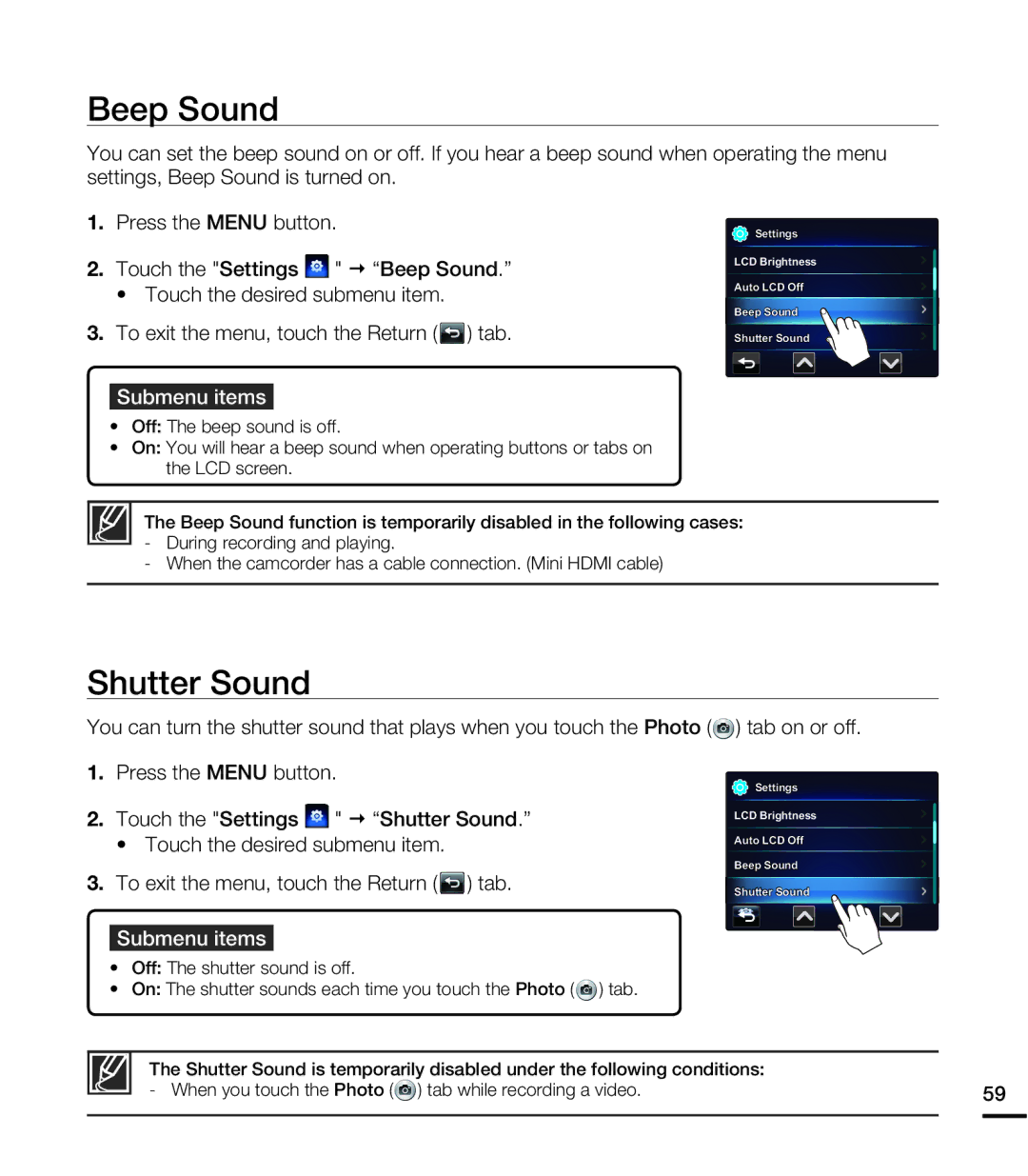 Samsung HMX-E10BN, HMX-E10WN, HMX-E10ON user manual Beep Sound, Shutter Sound 