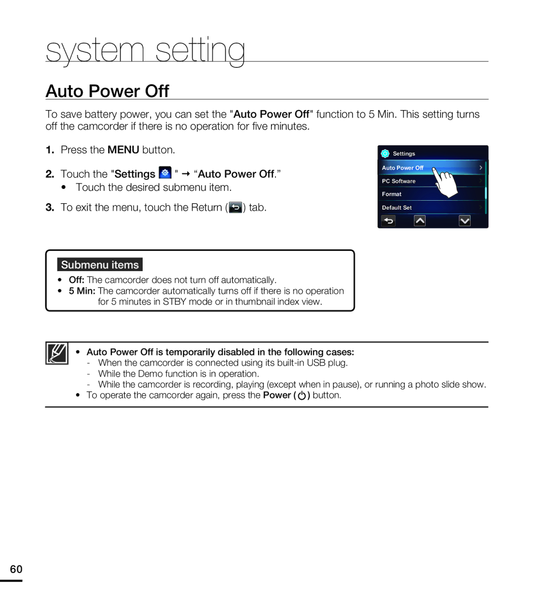 Samsung HMX-E10WN, HMX-E10BN, HMX-E10ON user manual Auto Power Off, Off The camcorder does not turn off automatically 