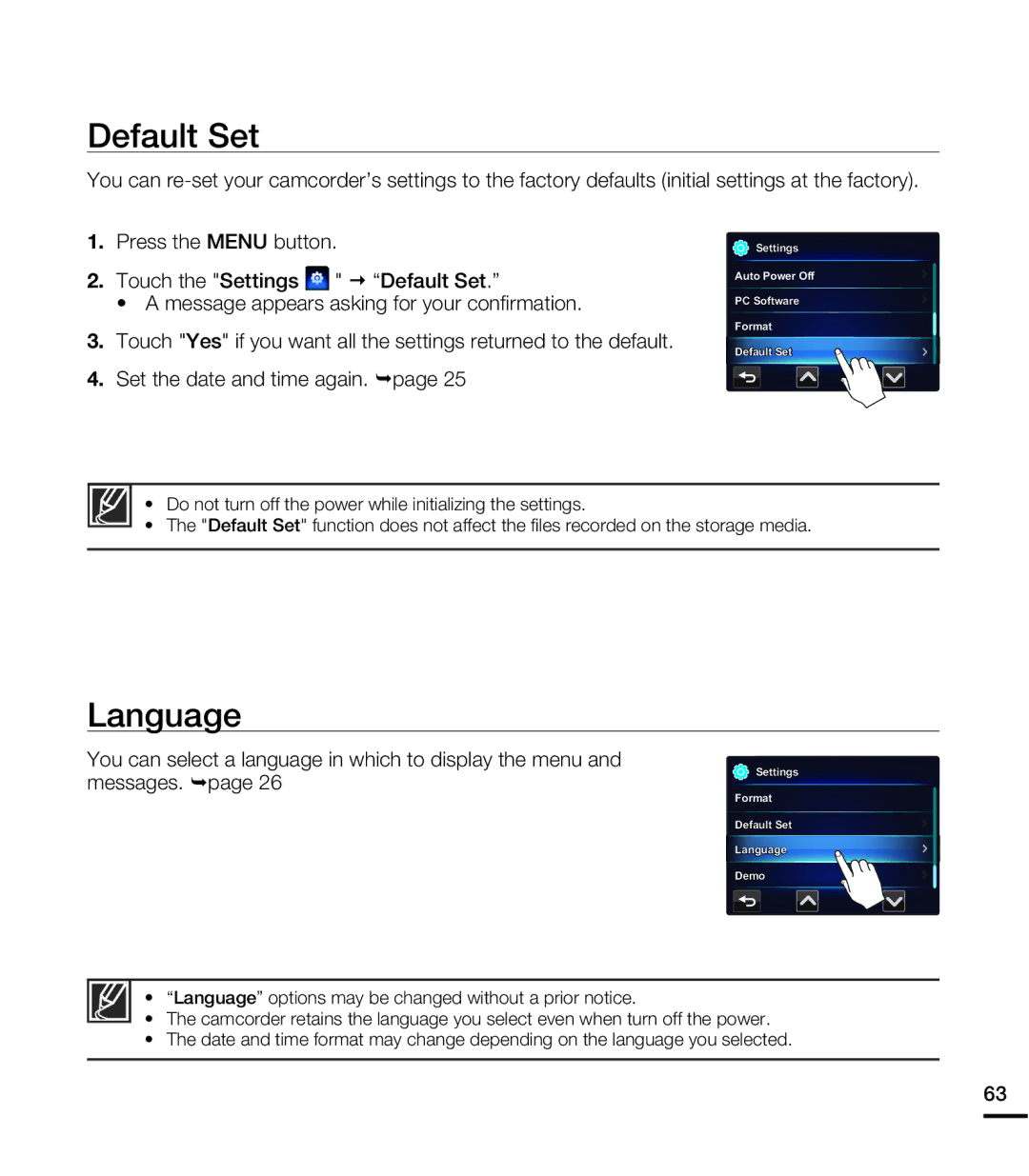 Samsung HMX-E10WN, HMX-E10BN, HMX-E10ON user manual Default Set, Language 