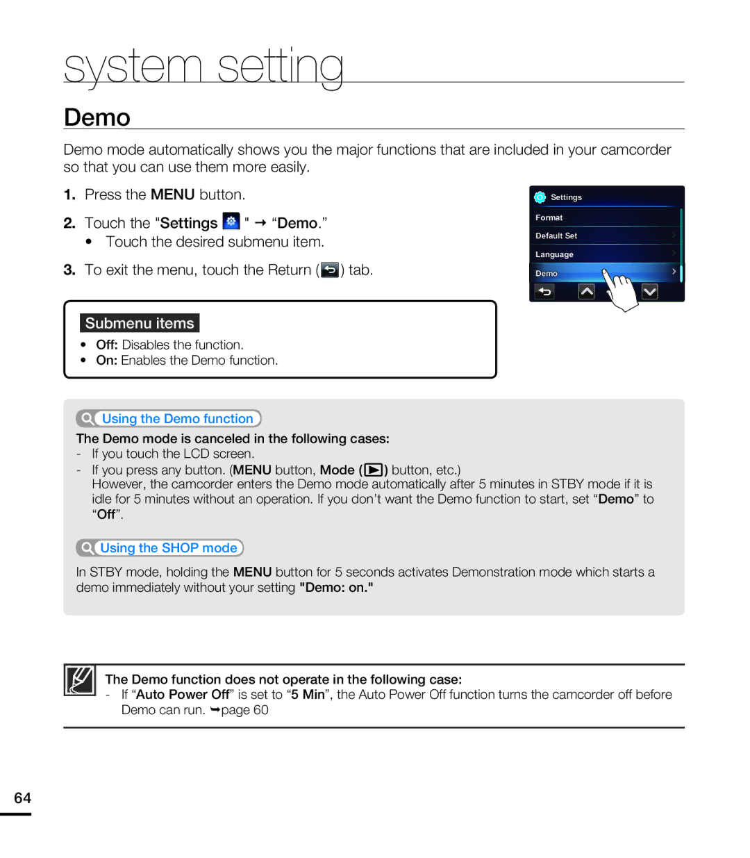 Samsung HMX-E10ON, HMX-E10BN, HMX-E10WN user manual Using the Demo function 