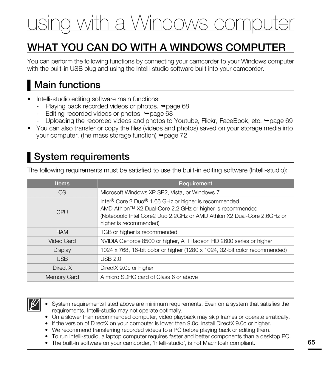 Samsung HMX-E10BN, HMX-E10WN, HMX-E10ON What YOU can do with a Windows Computer, Main functions, System requirements 