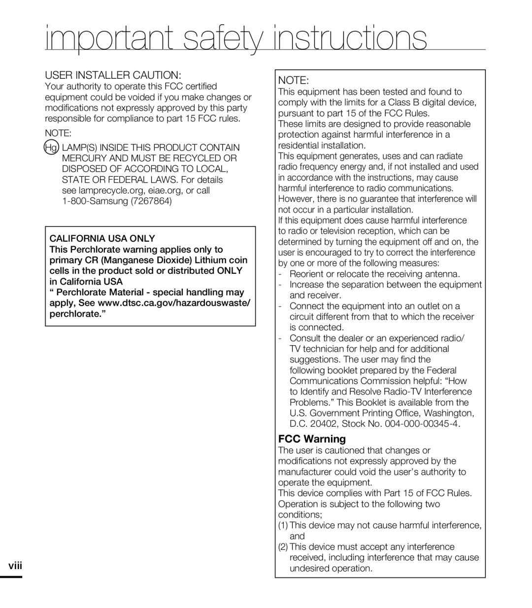 Samsung HMX-E10ON, HMX-E10BN, HMX-E10WN user manual FCC Warning 