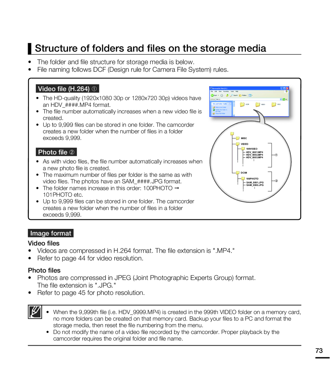 Samsung HMX-E10ON Structure of folders and ﬁles on the storage media, Video ﬁle H.264 , Photo ﬁle , Image format 