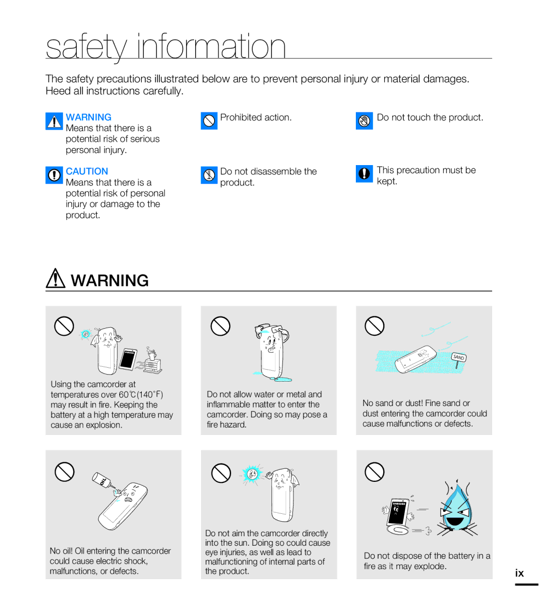 Samsung HMX-E10BN, HMX-E10WN, HMX-E10ON user manual Safety information 