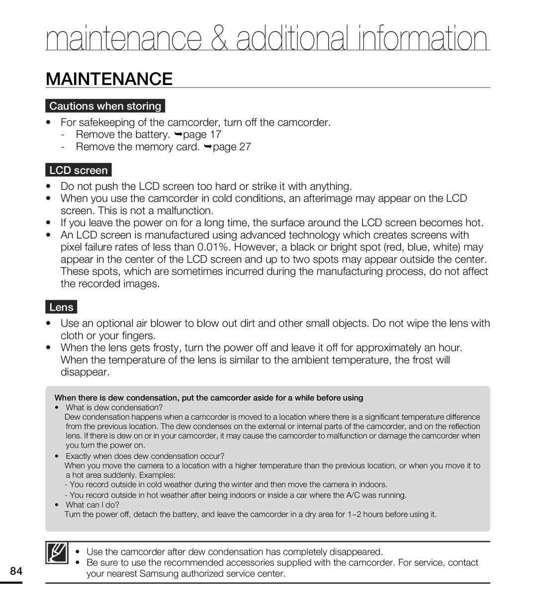 Samsung HMX-E10WN, HMX-E10BN, HMX-E10ON user manual Maintenance, LCD screen, Lens 