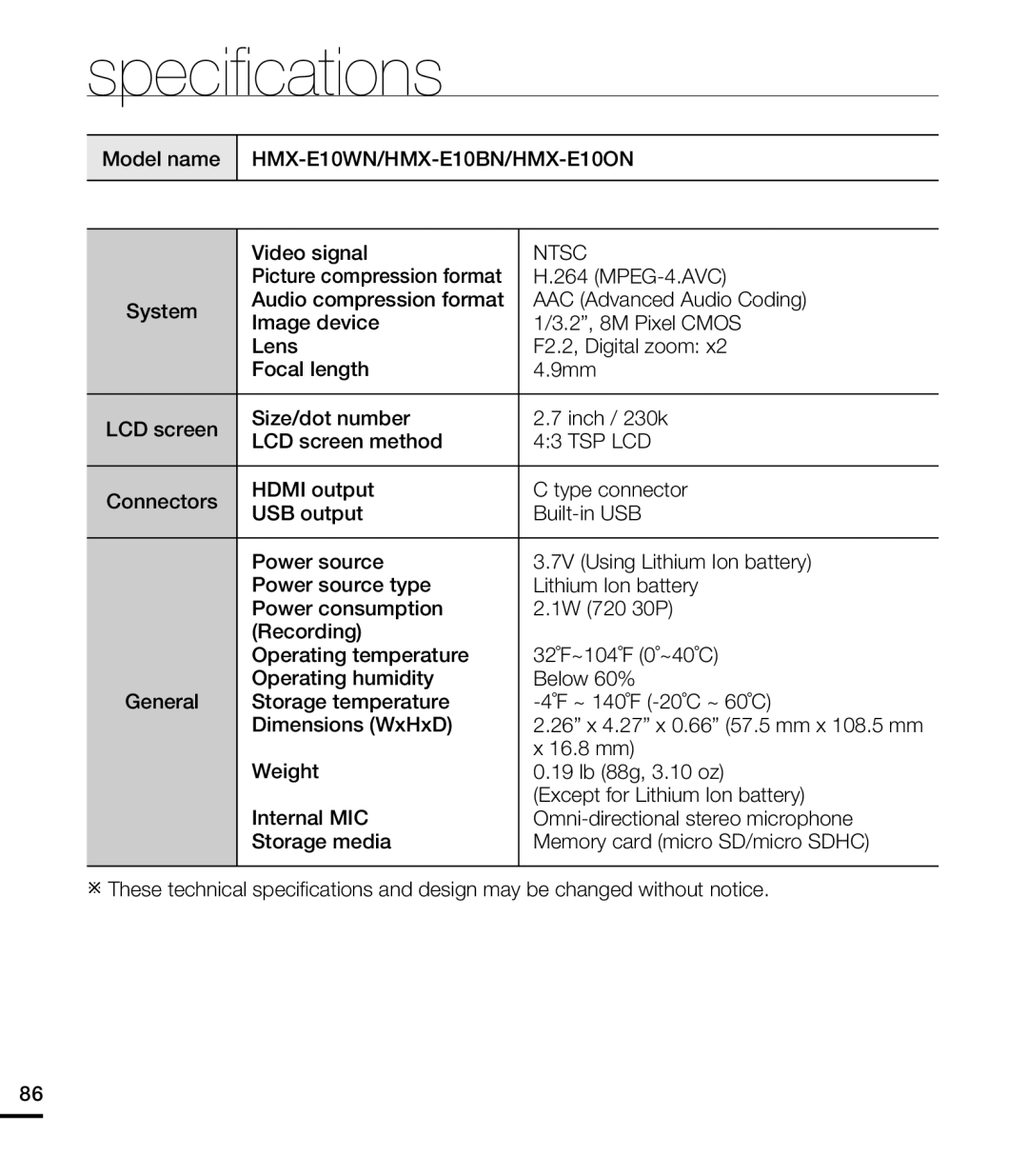 Samsung HMX-E10BN, HMX-E10WN, HMX-E10ON user manual Speciﬁcations, Ntsc 