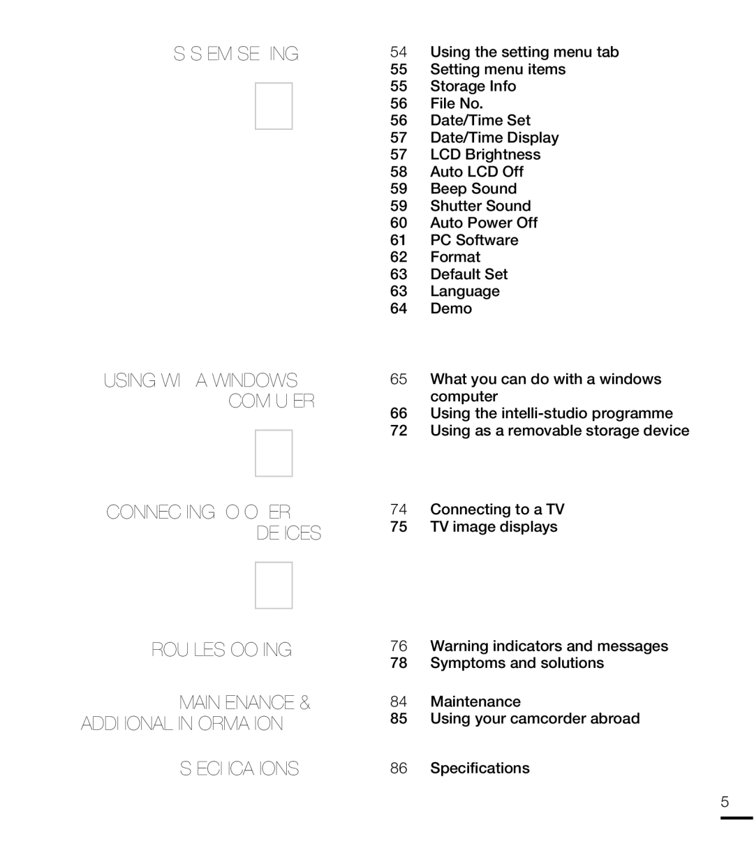 Samsung HMX-E10OP/EDC Setting menu items, Storage Info, File No, Date/Time Set, Date/Time Display, LCD Brightness, Format 