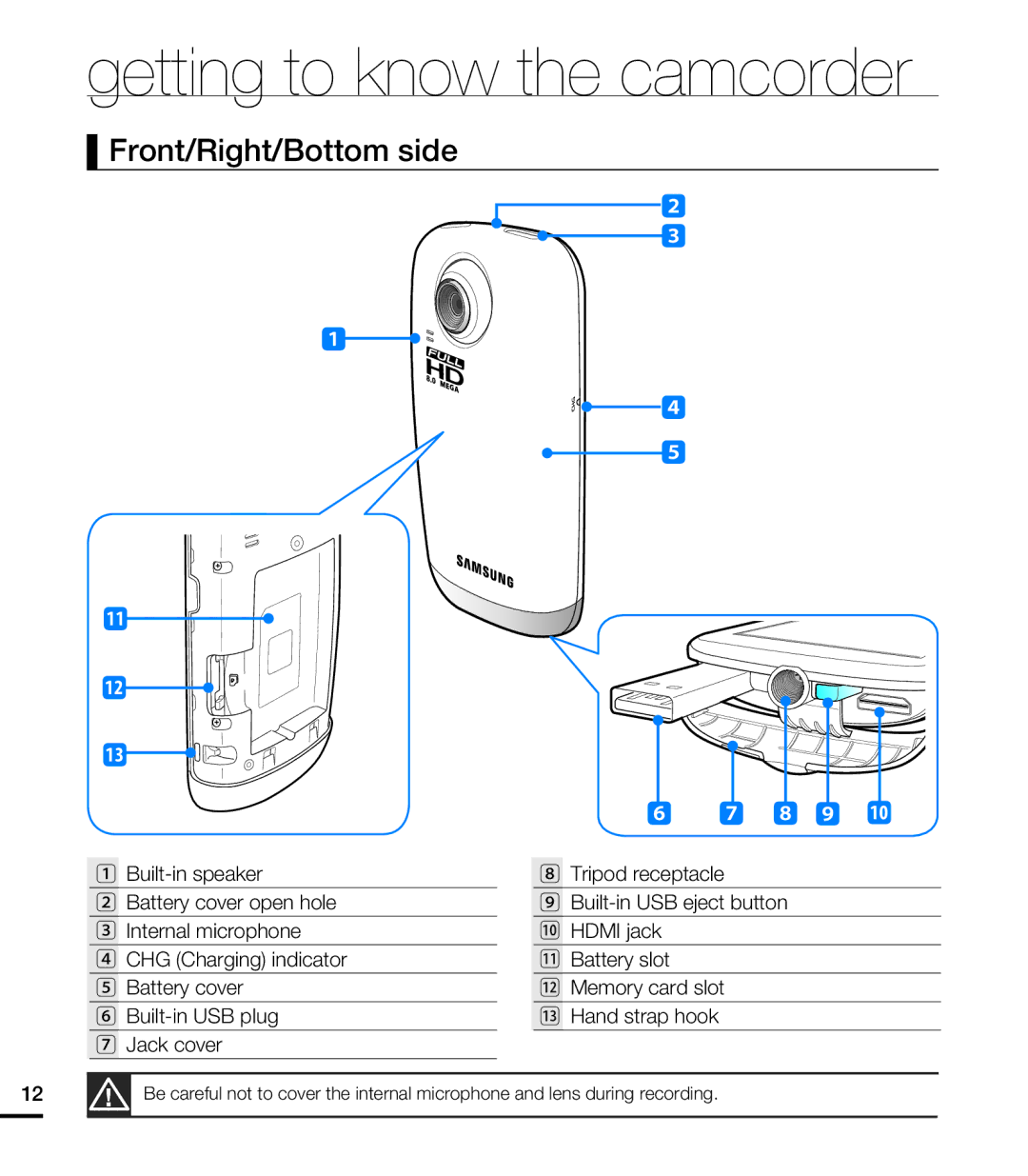 Samsung HMX-E10WP/XIL, HMX-E10BP/EDC, HMX-E10OP/EDC, HMX-E10WP/EDC, HMX-E10OP/XER, HMX-E10WP/XER Front/Right/Bottom side, 8 9 