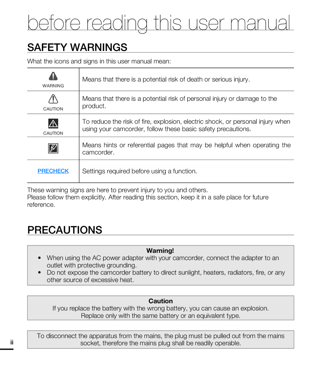 Samsung HMX-E10WP/EDC, HMX-E10BP/EDC, HMX-E10OP/EDC, HMX-E10OP/XER, HMX-E10WP/XER, HMX-E10BP/XER Safety Warnings, Precautions 