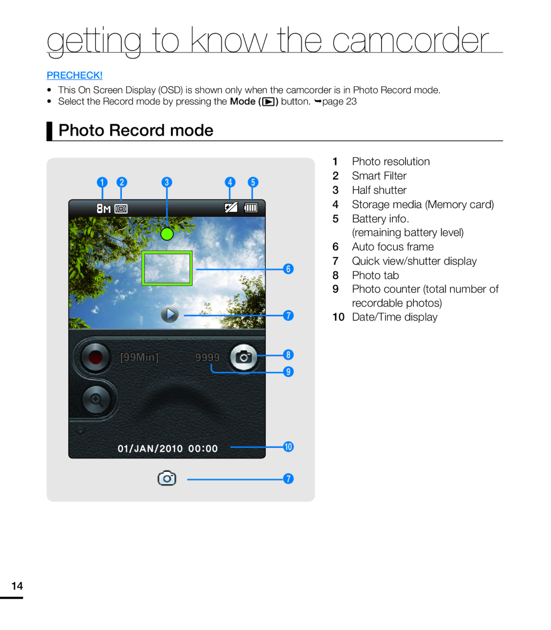 Samsung HMX-E10BP/EDC, HMX-E10OP/EDC, HMX-E10WP/EDC, HMX-E10OP/XER, HMX-E10WP/XER, HMX-E10BP/XER manual Photo Record mode 