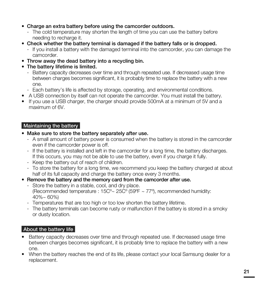 Samsung HMX-E10OP/XIL, HMX-E10BP/EDC, HMX-E10OP/EDC, HMX-E10WP/EDC manual Maintaining the battery, About the battery life 