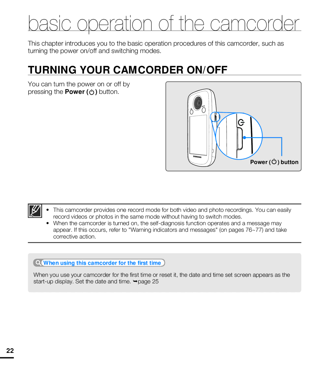 Samsung HMX-E10WP/XIL, HMX-E10BP/EDC, HMX-E10OP/EDC manual Basic operation of the camcorder, Turning Your Camcorder ON/OFF 