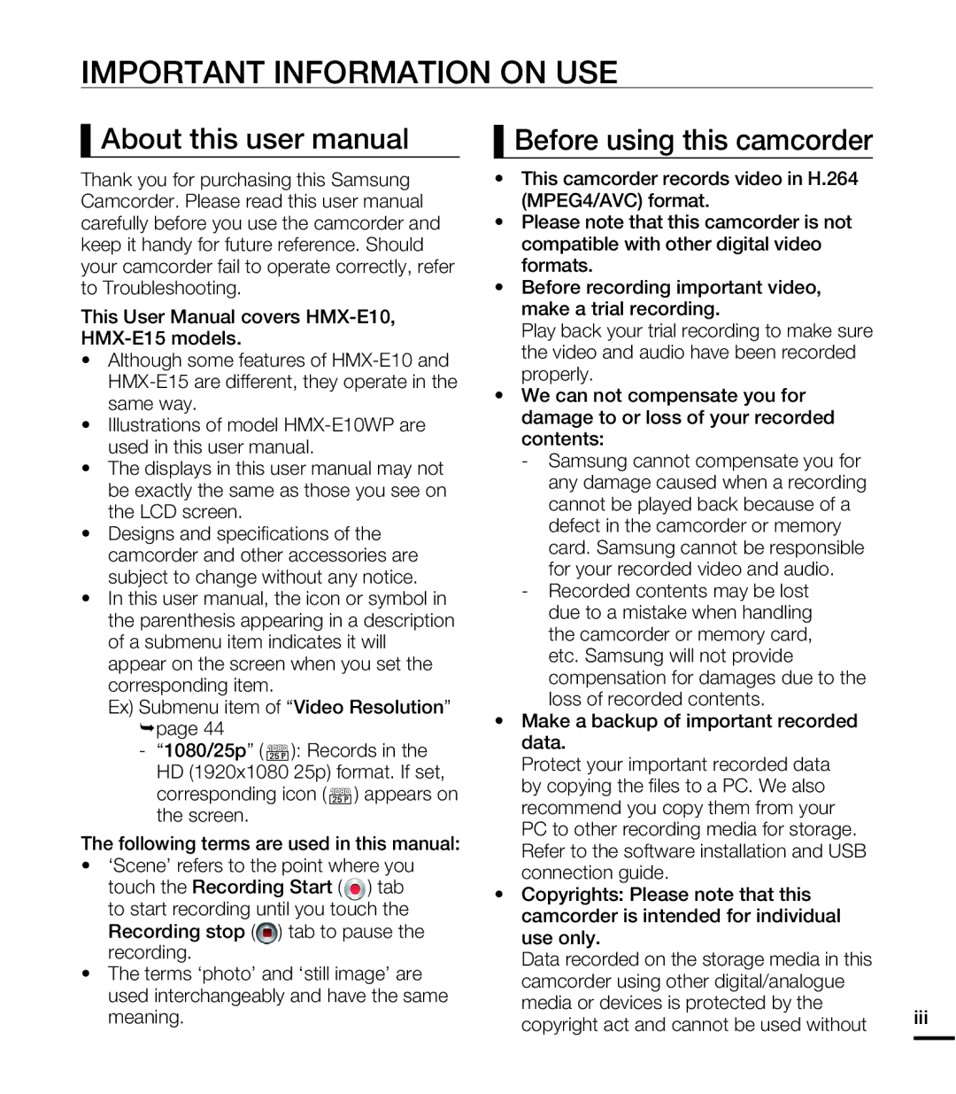 Samsung HMX-E10OP/XER Important Information on USE, Before using this camcorder, Ex Submenu item of Video Resolution ¬page 