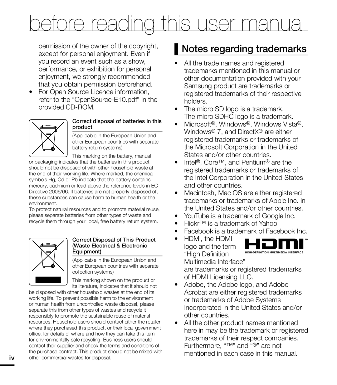 Samsung HMX-E10WP/XER, HMX-E10BP/EDC, HMX-E10OP/EDC, HMX-E10WP/EDC manual Correct disposal of batteries in this product 