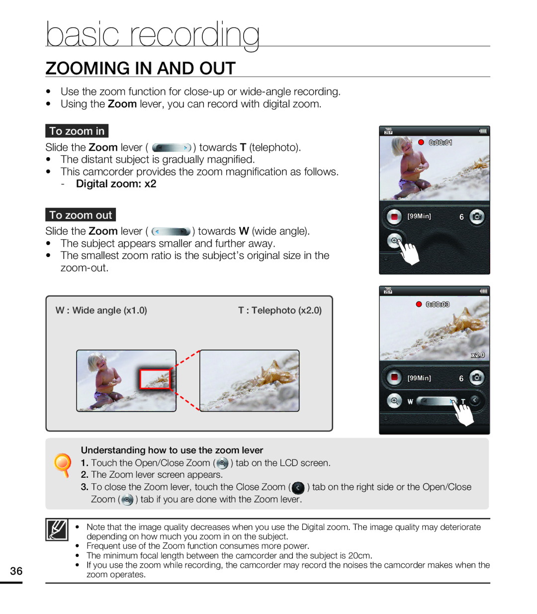 Samsung HMX-E10WP/EDC, HMX-E10BP/EDC manual Zooming in and OUT, Slide the Zoom lever Towards T telephoto, To zoom out 