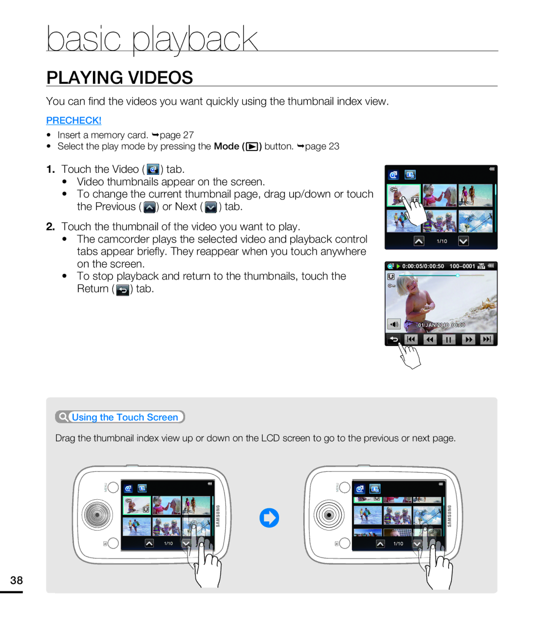 Samsung HMX-E10WP/XER, HMX-E10BP/EDC, HMX-E10OP/EDC, HMX-E10WP/EDC, HMX-E10OP/XER manual Playing Videos, Using the Touch Screen 