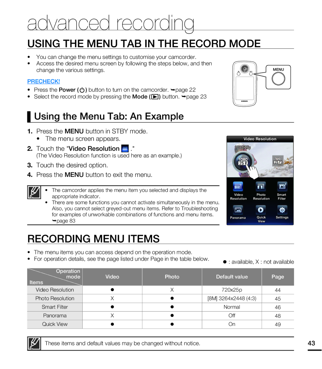 Samsung HMX-E10BP/XIL, HMX-E10BP/EDC manual Advanced recording, Using the Menu TAB in the Record Mode, Recording Menu Items 