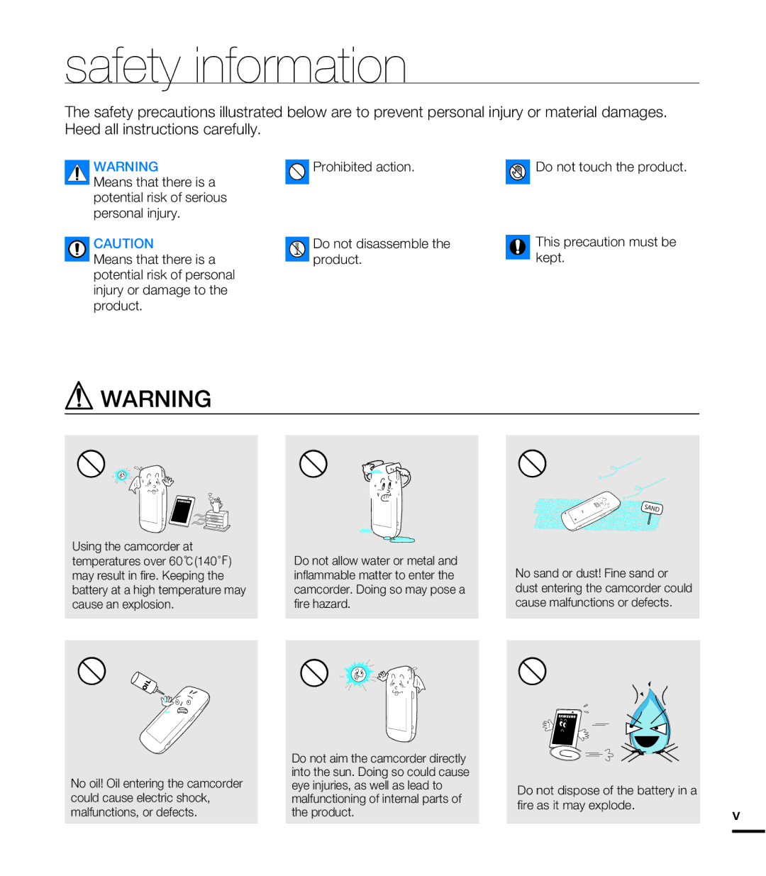 Samsung HMX-E10BP/XER, HMX-E10BP/EDC, HMX-E10OP/EDC, HMX-E10WP/EDC, HMX-E10OP/XER, HMX-E10WP/XER manual Safety information 