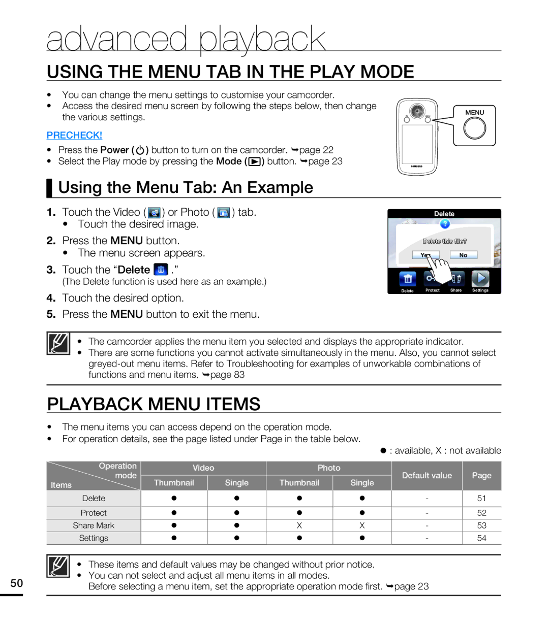 Samsung HMX-E10OP/XTR, HMX-E10BP/EDC manual Advanced playback, Using the Menu TAB in the Play Mode, Playback Menu Items 