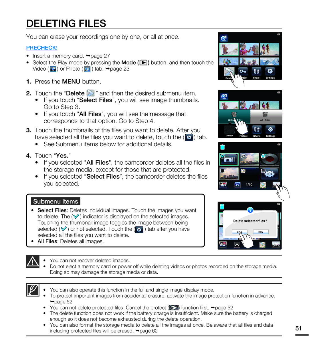 Samsung HMX-E10OP/XIL, HMX-E10BP/EDC manual Deleting Files, You can erase your recordings one by one, or all at once 