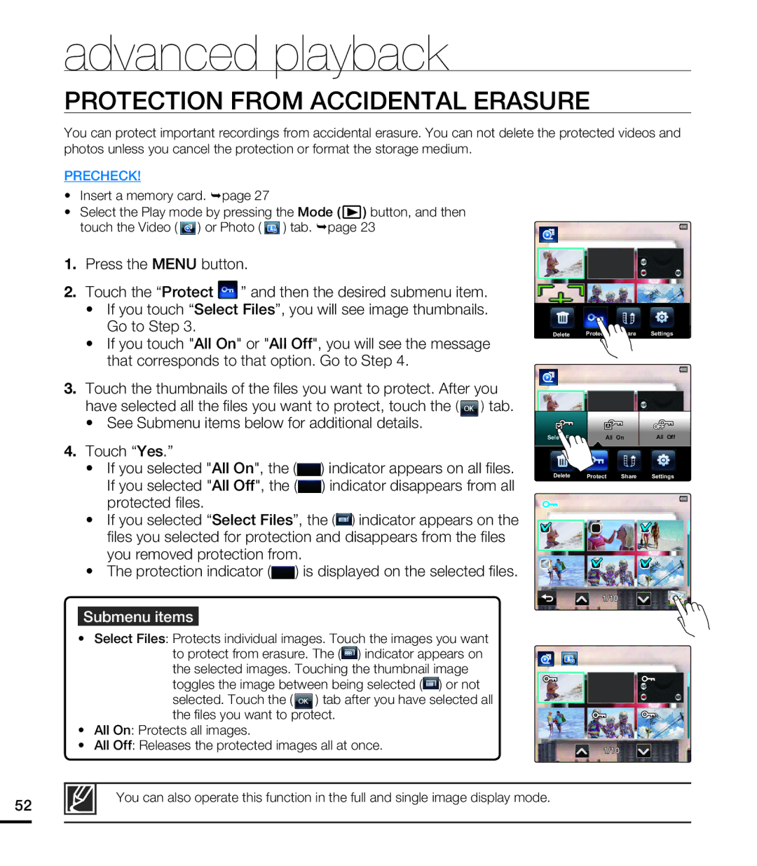 Samsung HMX-E10WP/XIL, HMX-E10BP/EDC, HMX-E10OP/EDC, HMX-E10WP/EDC, HMX-E10OP/XER manual Protection from Accidental Erasure 