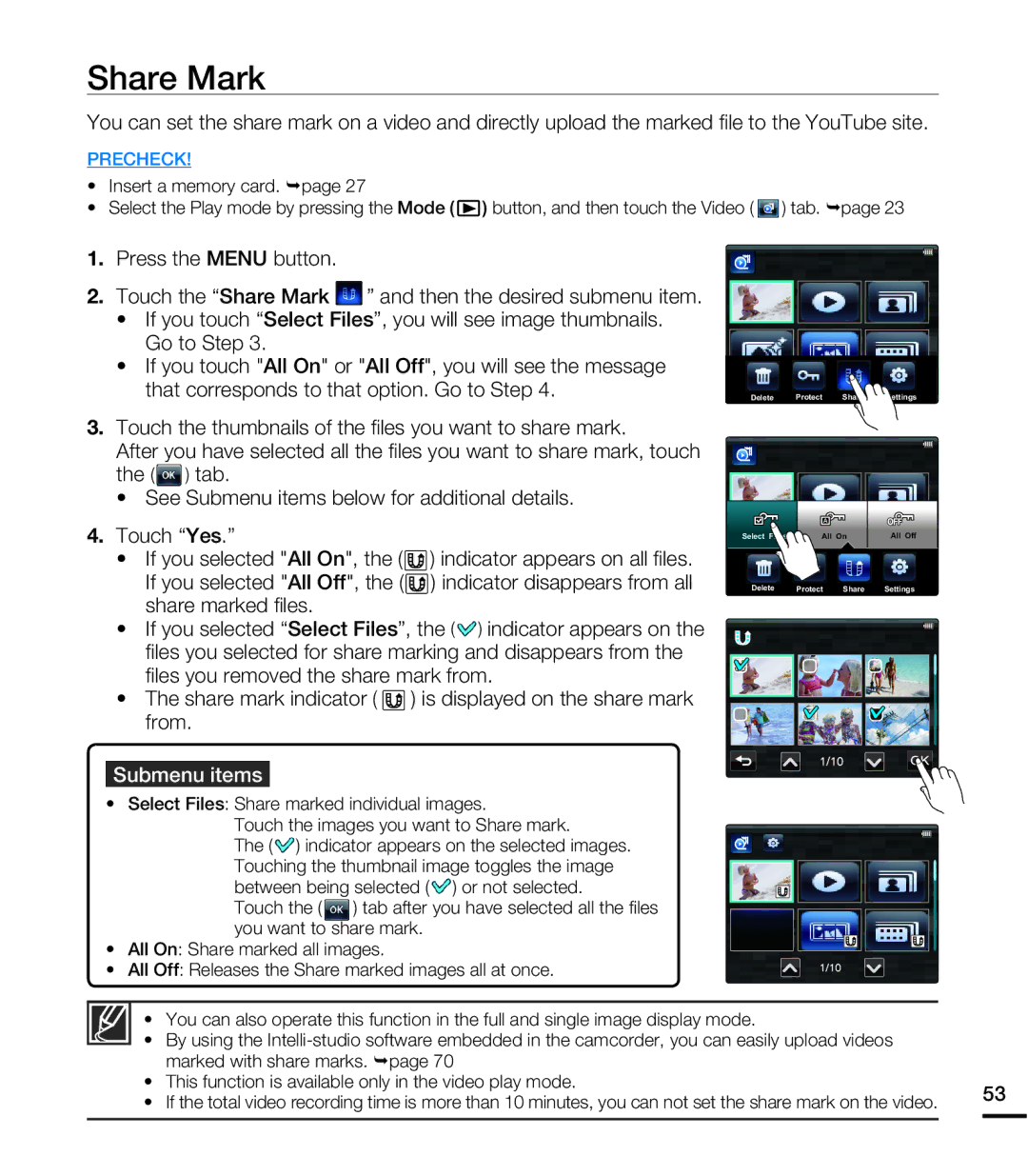 Samsung HMX-E10BP/XIL, HMX-E10BP/EDC, HMX-E10OP/EDC Share Mark, Touch the thumbnails of the ﬁles you want to share mark 