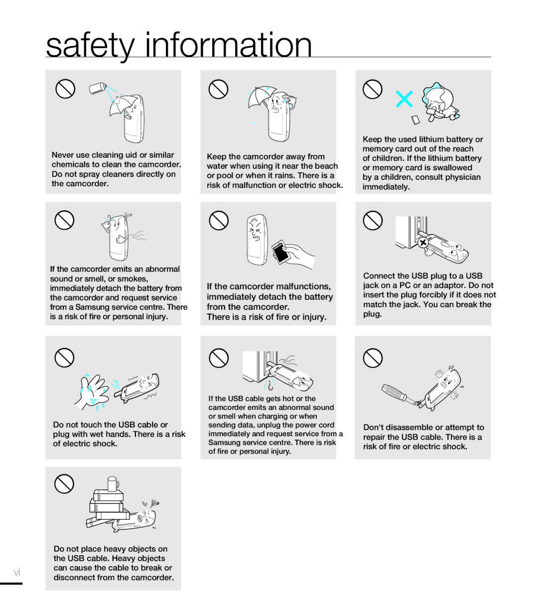 Samsung HMX-E10OP/XTR, HMX-E10BP/EDC, HMX-E10OP/EDC, HMX-E10WP/EDC, HMX-E10OP/XER manual There is a risk of ﬁre or injury 