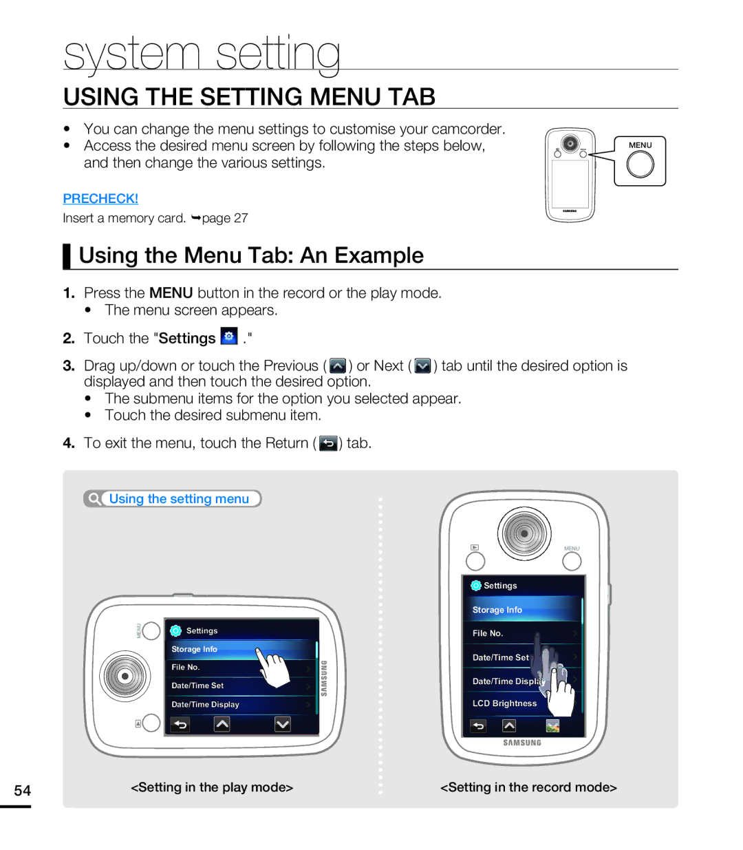 Samsung HMX-E10BP/EDC, HMX-E10OP/EDC, HMX-E10WP/EDC, HMX-E10OP/XER, HMX-E10WP/XER System setting, Using the Setting Menu TAB 