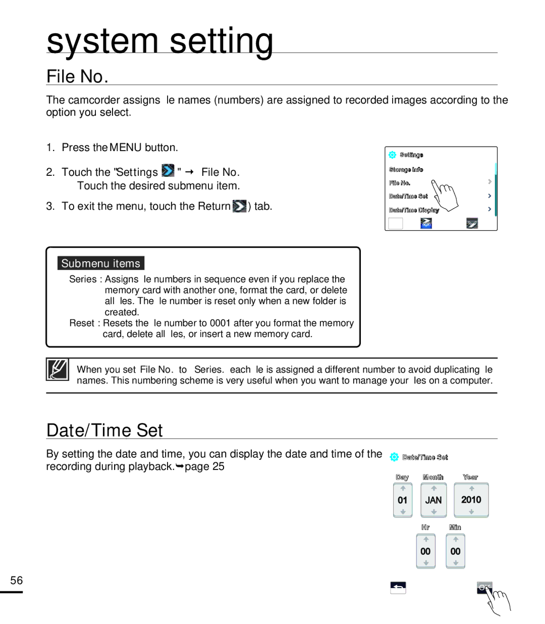 Samsung HMX-E10WP/EDC, HMX-E10BP/EDC, HMX-E10OP/EDC, HMX-E10OP/XER File No, Date/Time Set, Recording during playback. ¬page 