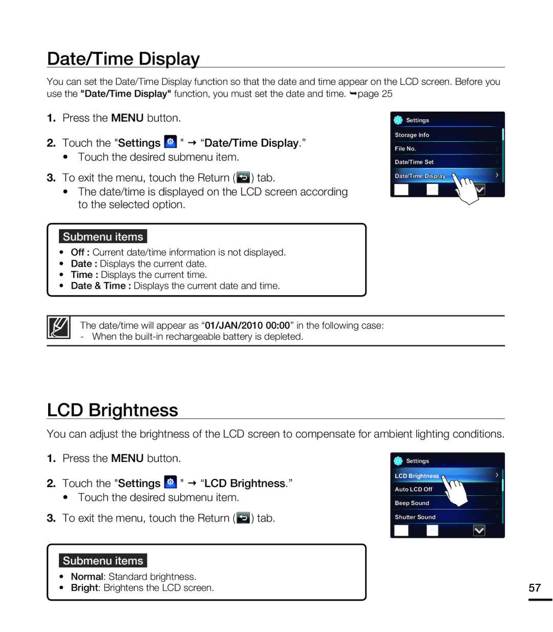 Samsung HMX-E10OP/XER, HMX-E10BP/EDC, HMX-E10OP/EDC, HMX-E10WP/EDC, HMX-E10WP/XER manual Date/Time Display, LCD Brightness 