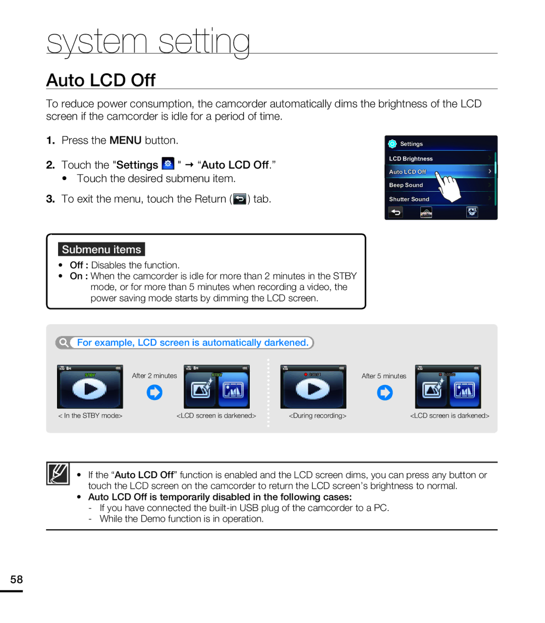 Samsung HMX-E10WP/XER, HMX-E10BP/EDC, HMX-E10OP/EDC, HMX-E10WP/EDC, HMX-E10OP/XER Auto LCD Off, Off Disables the function 