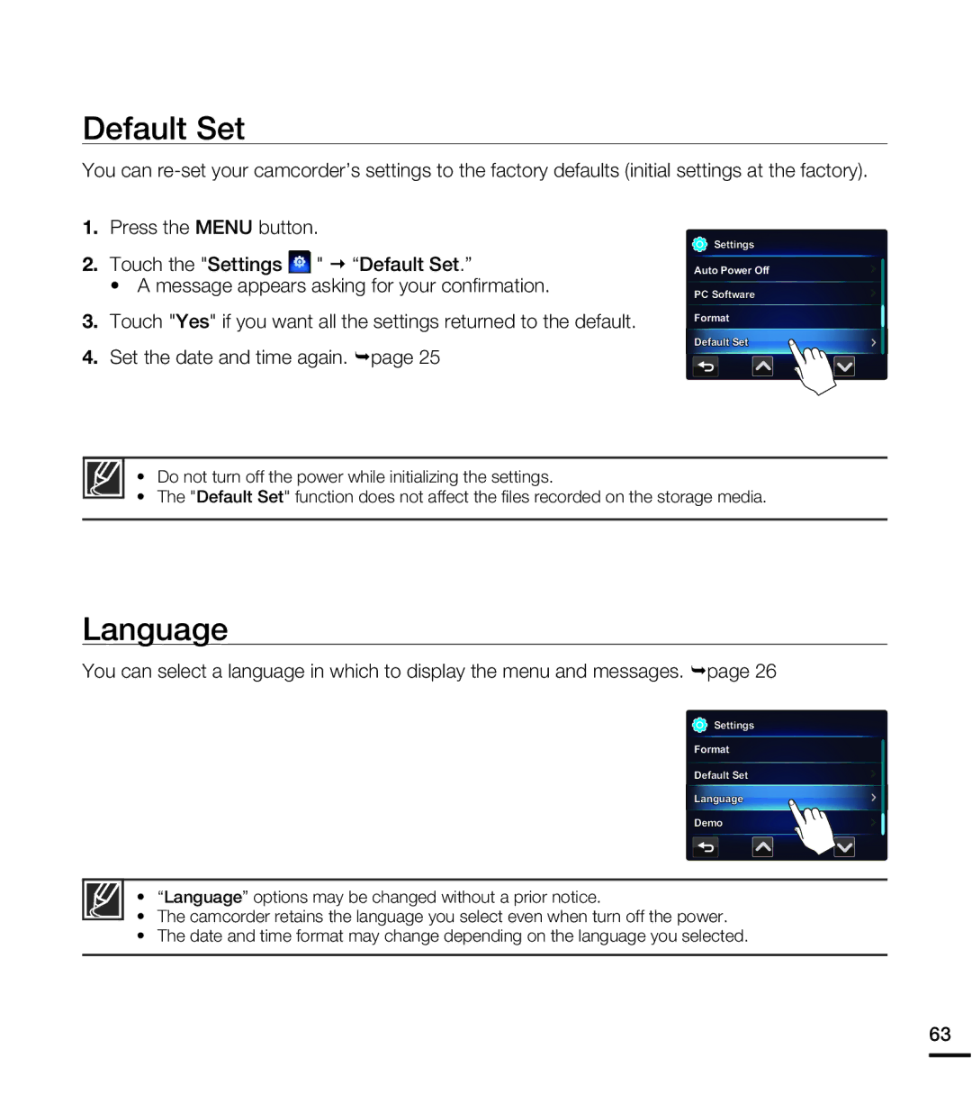 Samsung HMX-E10BP/XIL, HMX-E10BP/EDC, HMX-E10OP/EDC, HMX-E10WP/EDC, HMX-E10OP/XER, HMX-E10WP/XER manual Default Set, Language 