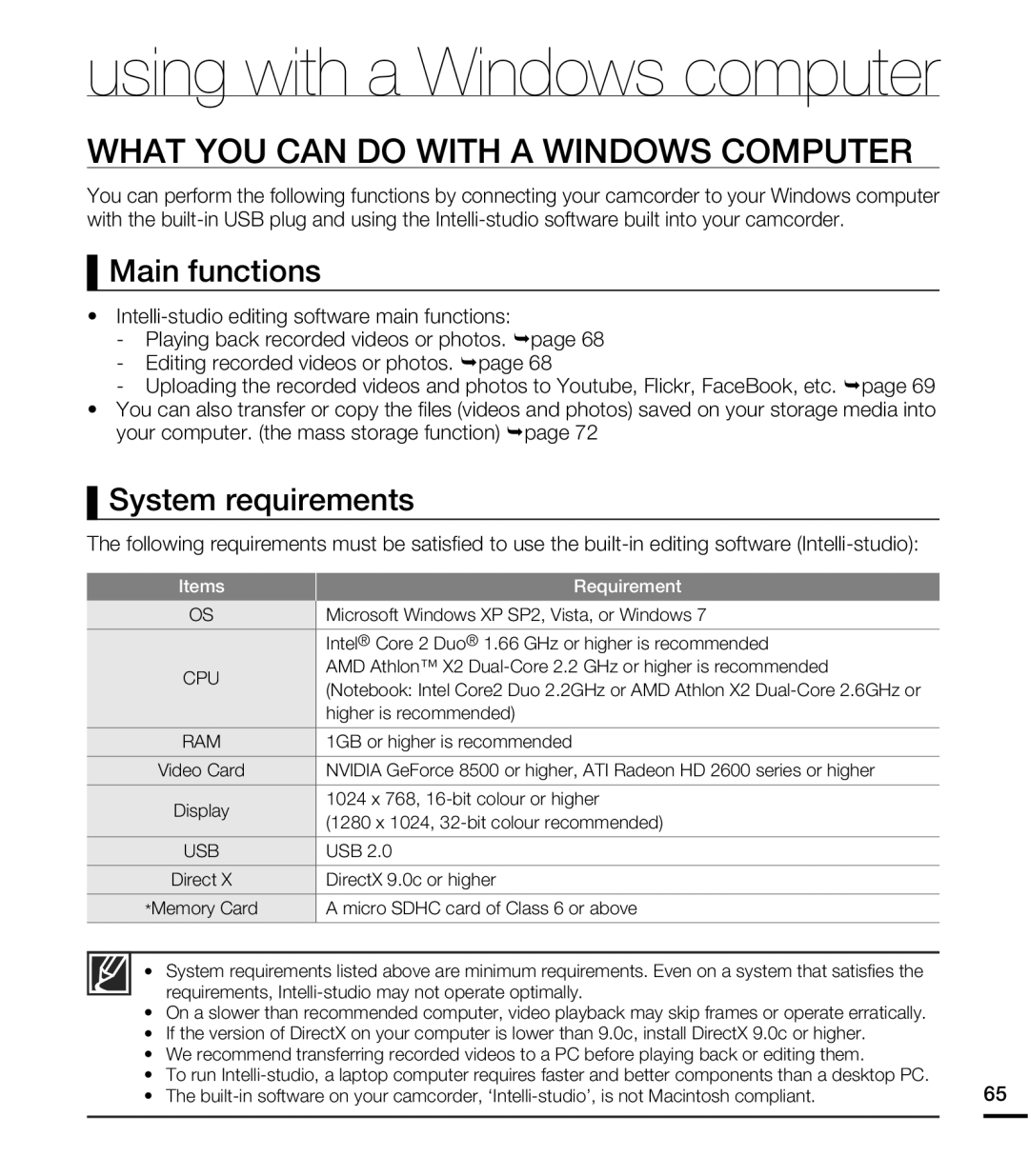 Samsung HMX-E10OP/EDC, HMX-E10BP/EDC manual What YOU can do with a Windows Computer, Main functions, System requirements 