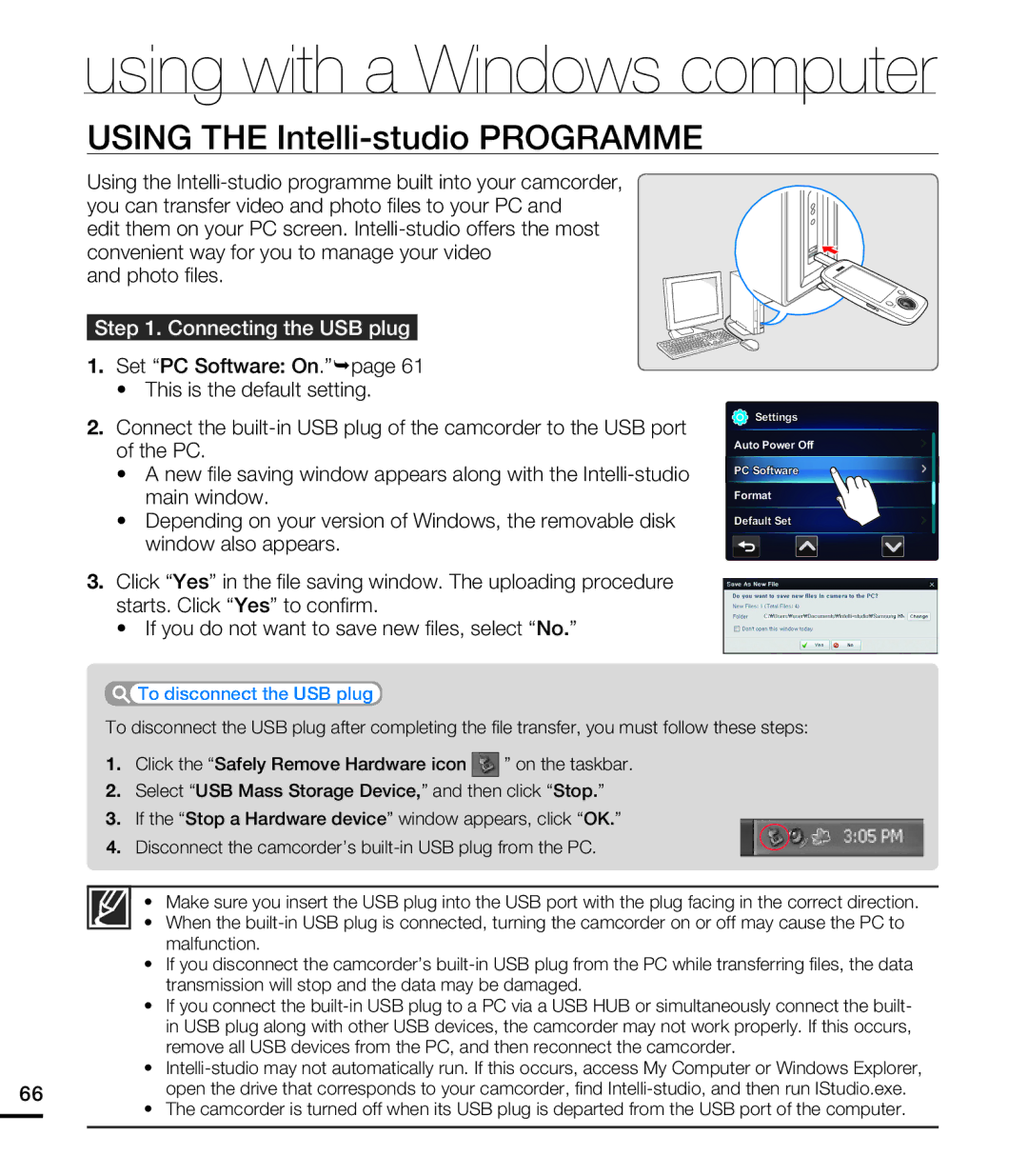 Samsung HMX-E10WP/EDC manual Using with a Windows computer, Using the Intelli-studio Programme, Connecting the USB plug 