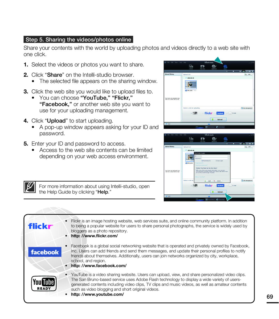 Samsung HMX-E10BP/XER, HMX-E10BP/EDC, HMX-E10OP/EDC, HMX-E10WP/EDC, HMX-E10OP/XER manual Sharing the videos/photos online 