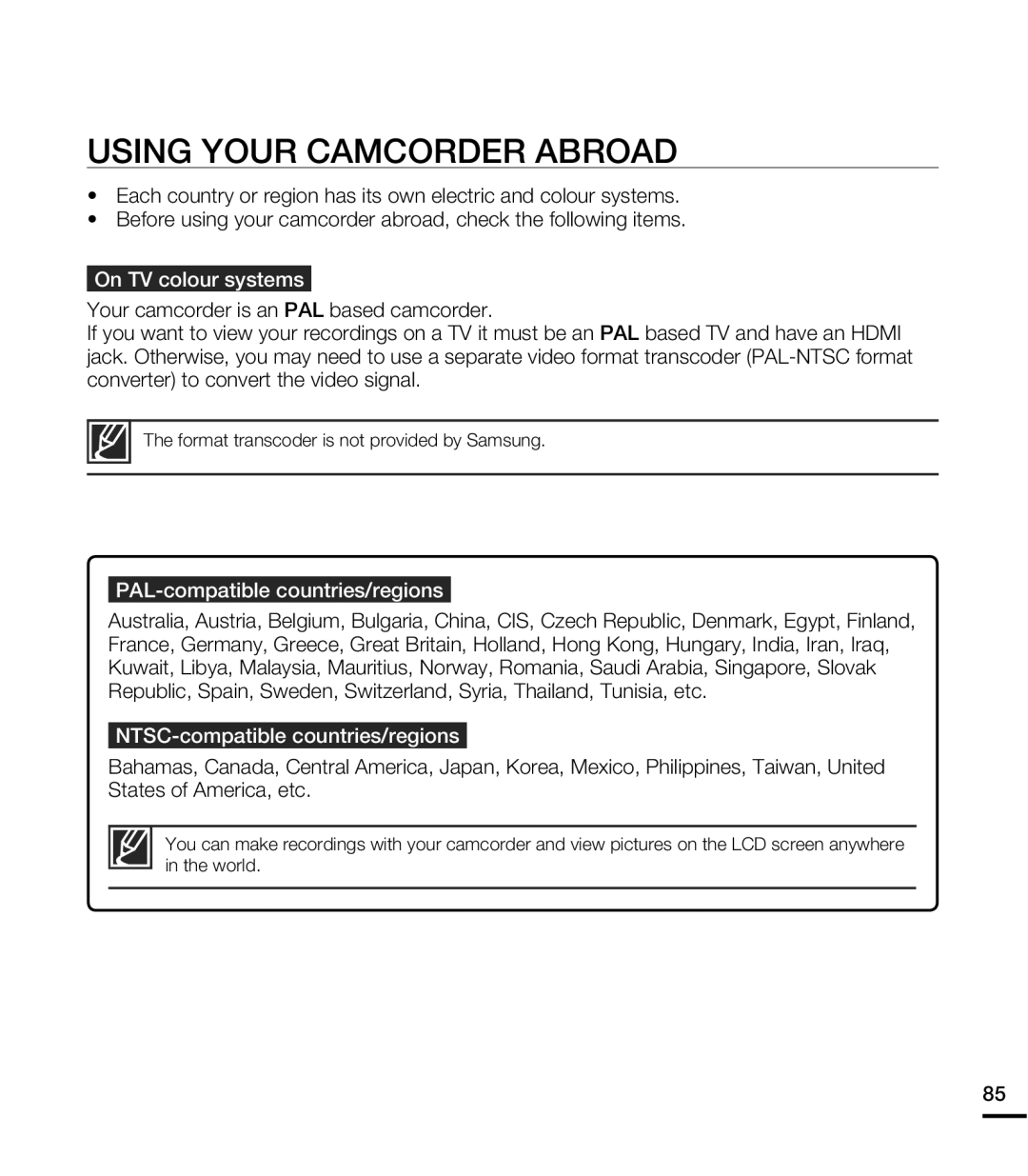 Samsung HMX-E10OP/EDC, HMX-E10BP/EDC Using Your Camcorder Abroad, On TV colour systems, PAL-compatible countries/regions 