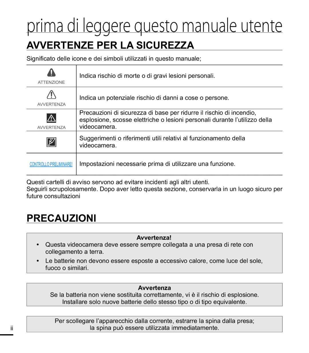 Samsung HMX-E10WP/EDC, HMX-E10BP/EDC, HMX-E10OP/EDC manual Avvertenze PER LA Sicurezza, Precauzioni, Avvertenza 