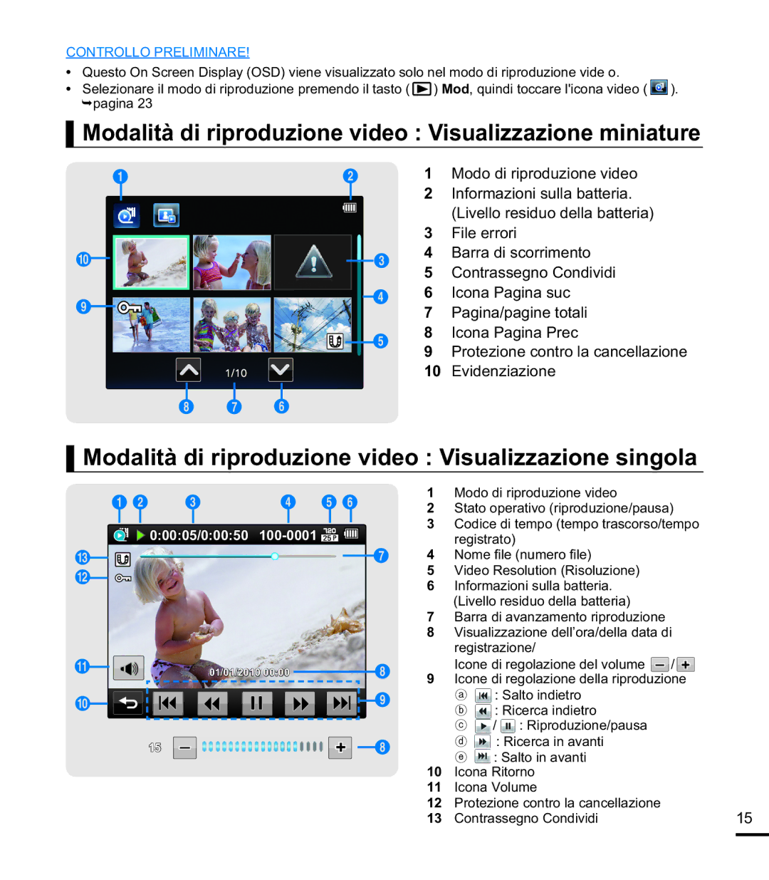 Samsung HMX-E10BP/EDC, HMX-E10OP/EDC, HMX-E10WP/EDC manual Modalità di riproduzione video Visualizzazione miniature 