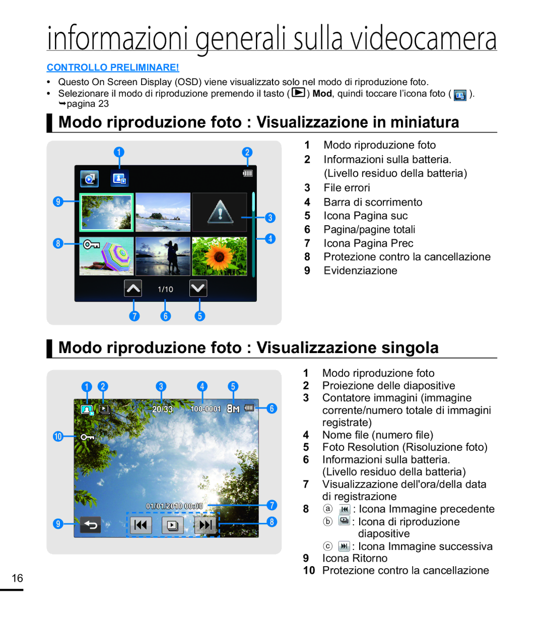 Samsung HMX-E10OP/EDC Modo riproduzione foto Visualizzazione in miniatura, Modo riproduzione foto Visualizzazione singola 