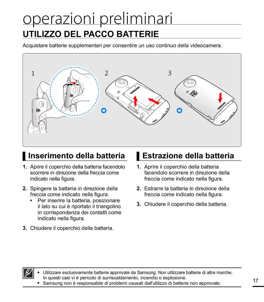 Samsung HMX-E10WP/EDC, HMX-E10BP/EDC, HMX-E10OP/EDC manual Operazioni preliminari, Utilizzo DEL Pacco Batterie 