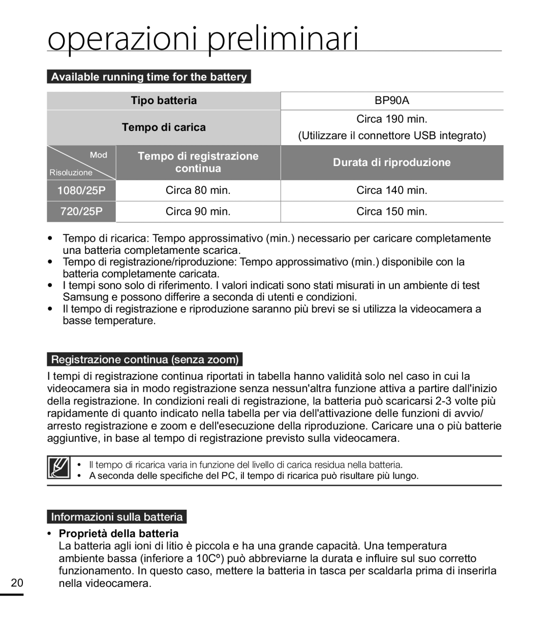 Samsung HMX-E10WP/EDC Available running time for the battery, Tipo batteria Tempo di carica, Proprietà della batteria 