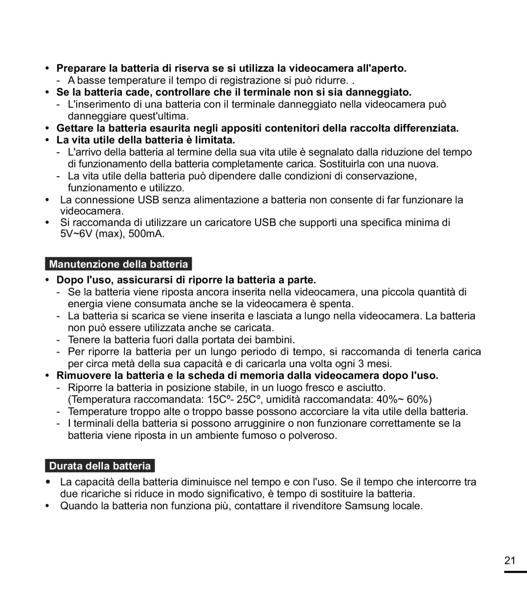 Samsung HMX-E10BP/EDC, HMX-E10OP/EDC Manutenzione della batteria, Dopo luso, assicurarsi di riporre la batteria a parte 