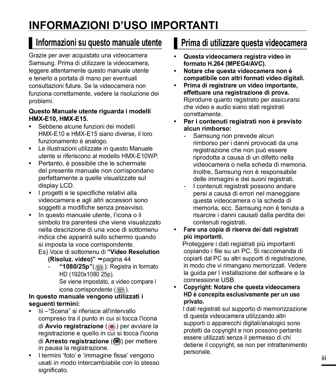 Samsung HMX-E10BP/EDC, HMX-E10OP/EDC, HMX-E10WP/EDC Informazioni D’USO Importanti, Informazioni su questo manuale utente 