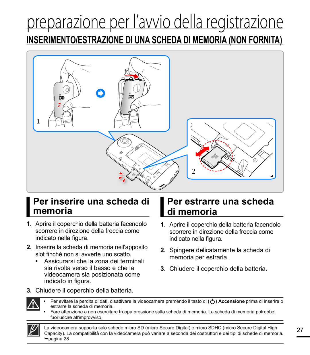 Samsung HMX-E10BP/EDC, HMX-E10OP/EDC, HMX-E10WP/EDC Per inserire una scheda di memoria, Per estrarre una scheda di memoria 