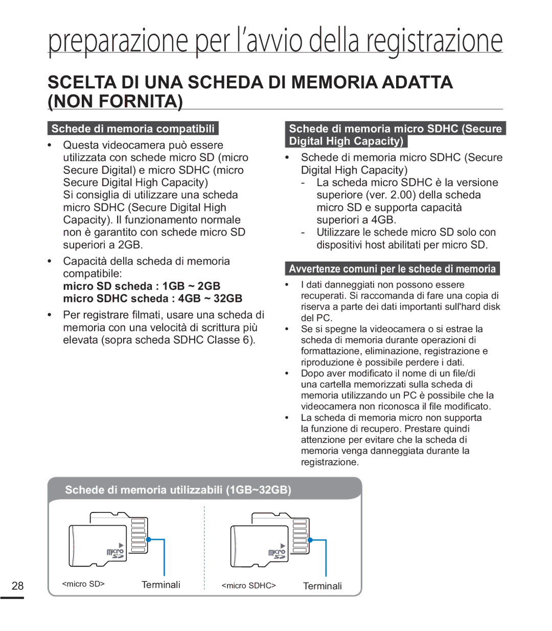 Samsung HMX-E10OP/EDC manual Schede di memoria compatibili, Schede di memoria micro Sdhc Secure Digital High Capacity 