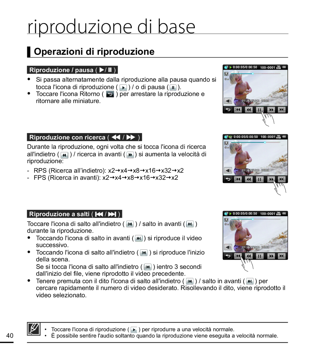 Samsung HMX-E10OP/EDC, HMX-E10BP/EDC manual Operazioni di riproduzione, Riproduzione / pausa / ZZ, Riproduzione con ricerca 