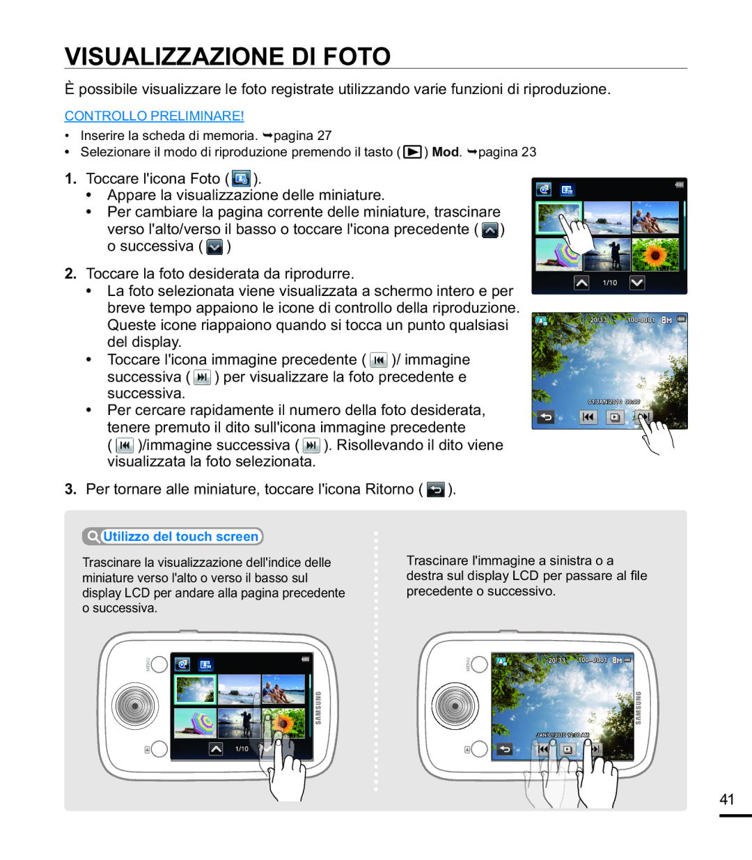 Samsung HMX-E10WP/EDC, HMX-E10BP/EDC, HMX-E10OP/EDC manual Visualizzazione DI Foto 