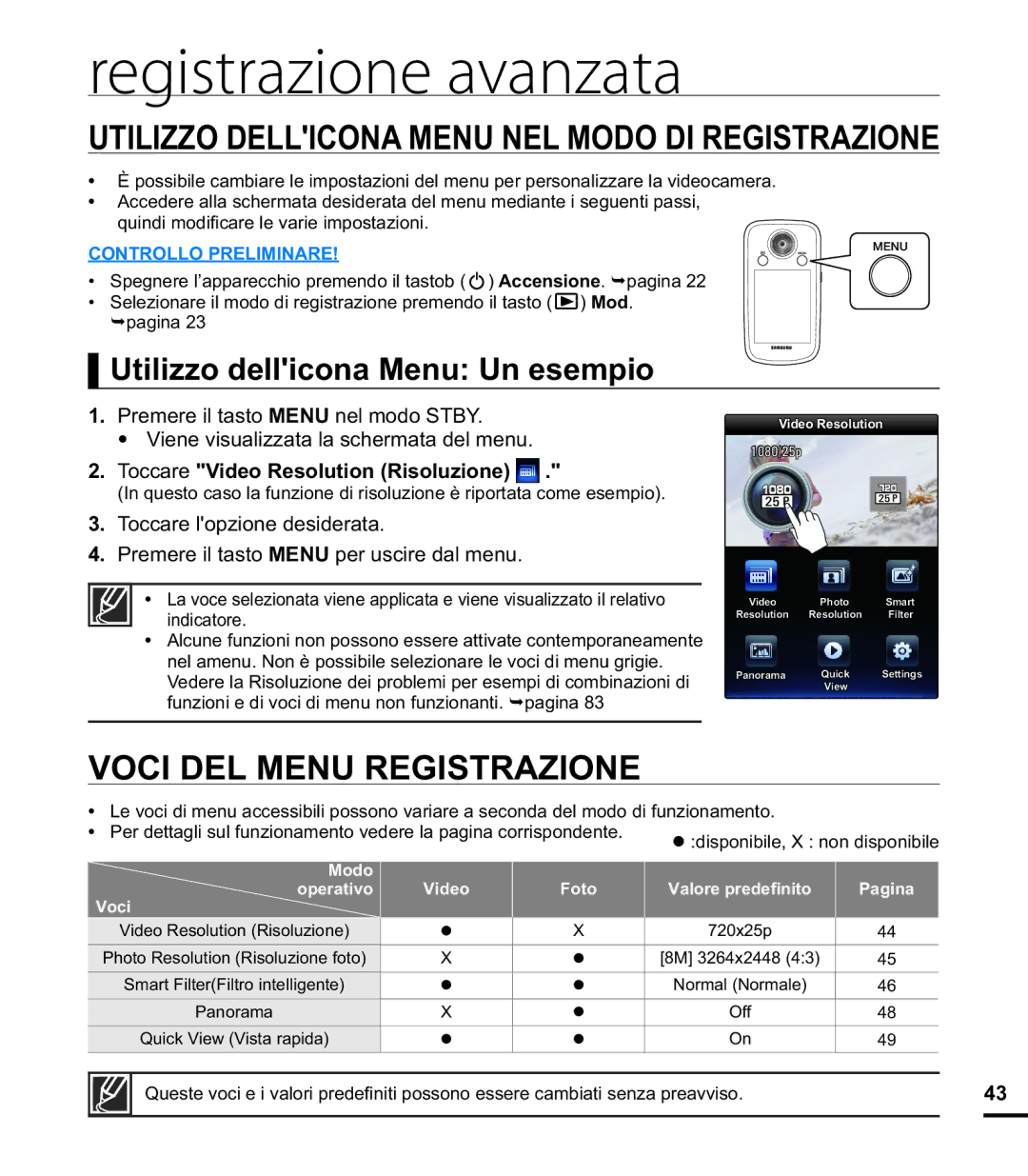 Samsung HMX-E10OP/EDC, HMX-E10BP/EDC manual Registrazione avanzata, Utilizzo Dellicona Menu NEL Modo DI Registrazione 